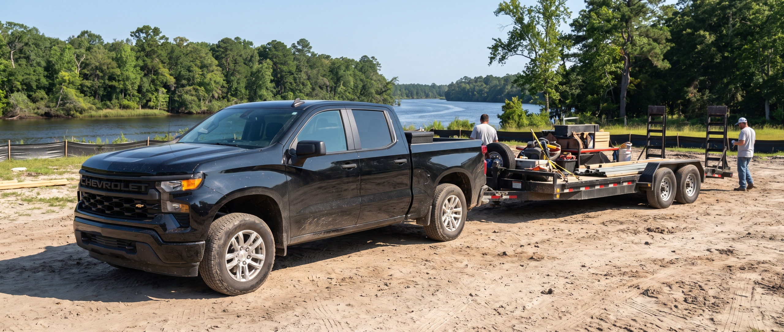 2026 Chevrolet Silverado 1500 on a Conway SC job site with a trailer hitched for Waccamaw River weekend use