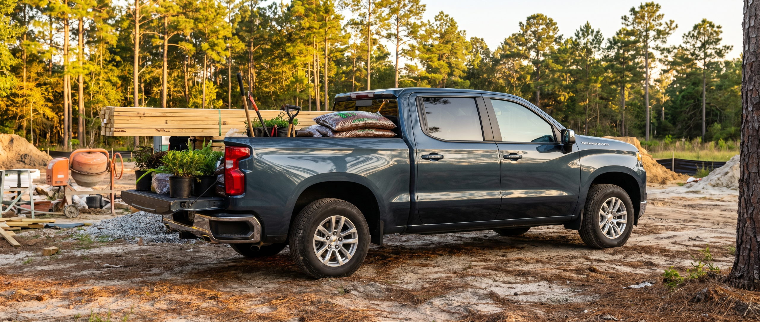 2026 Chevrolet Silverado 1500 loaded with lumber at a Conway SC home project job site
