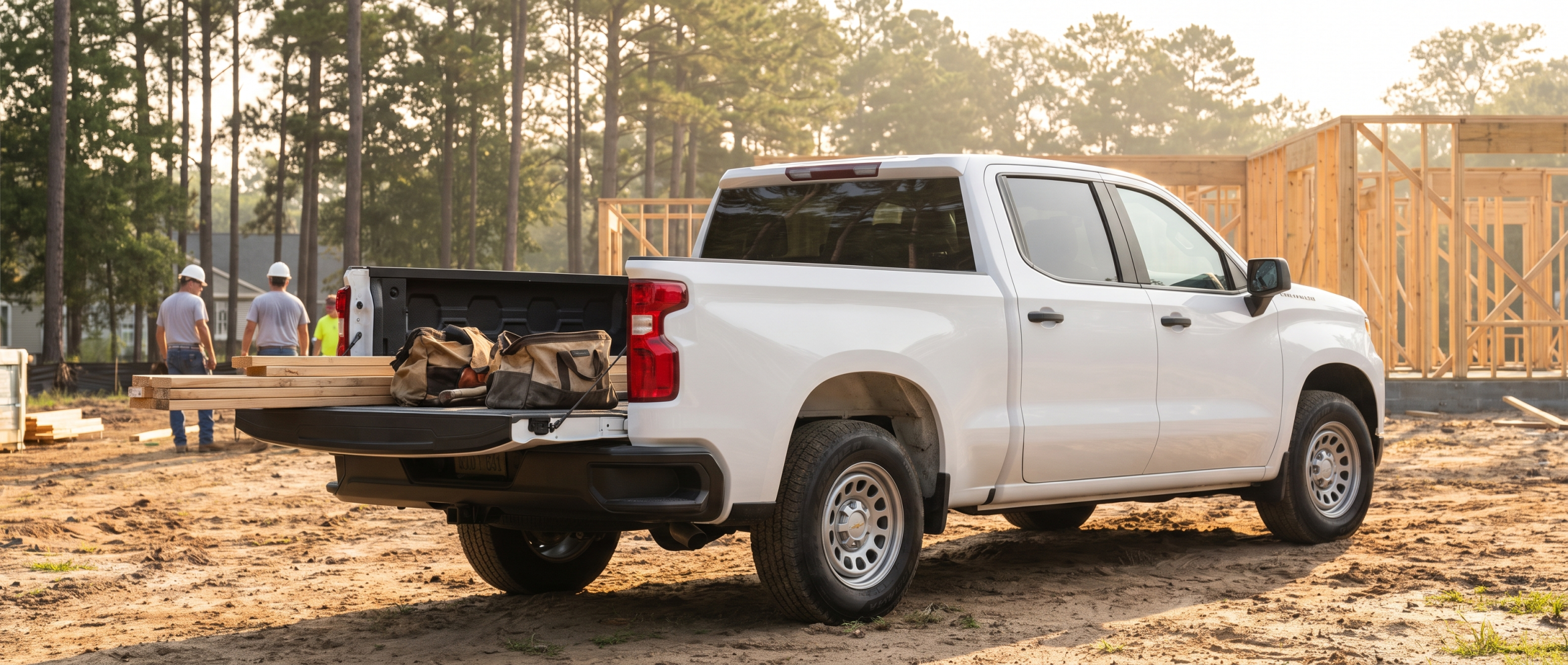 2026 Chevrolet Silverado 1500 work truck on a Horry County job site with tools and lumber in the bed