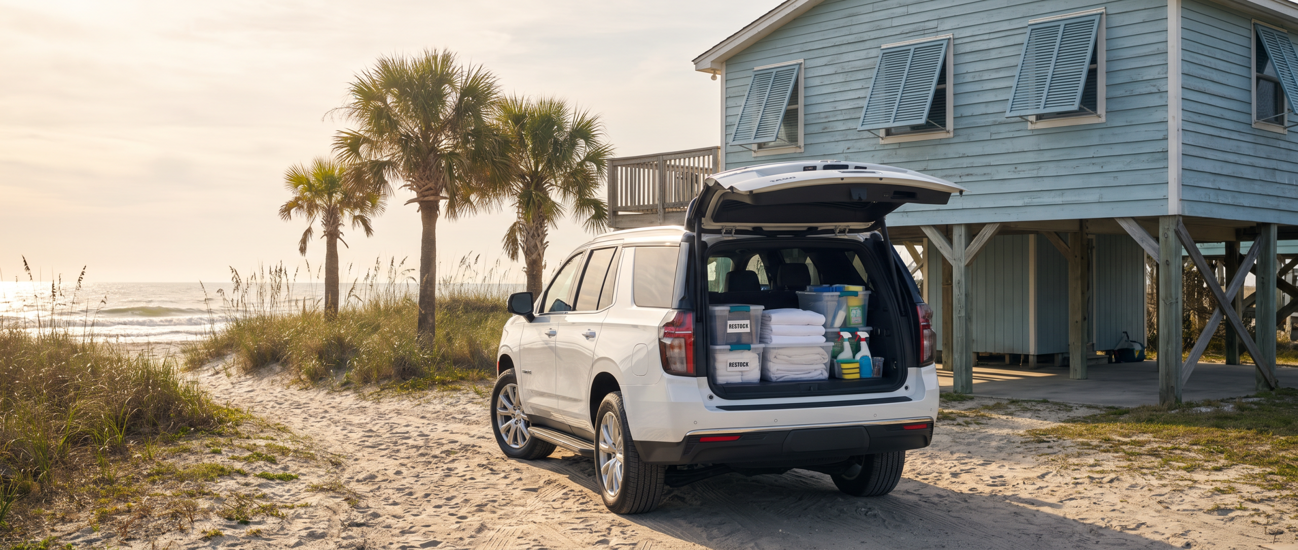 2026 Chevrolet Tahoe loaded with vacation rental supplies parked at a Surfside Beach, SC beach house