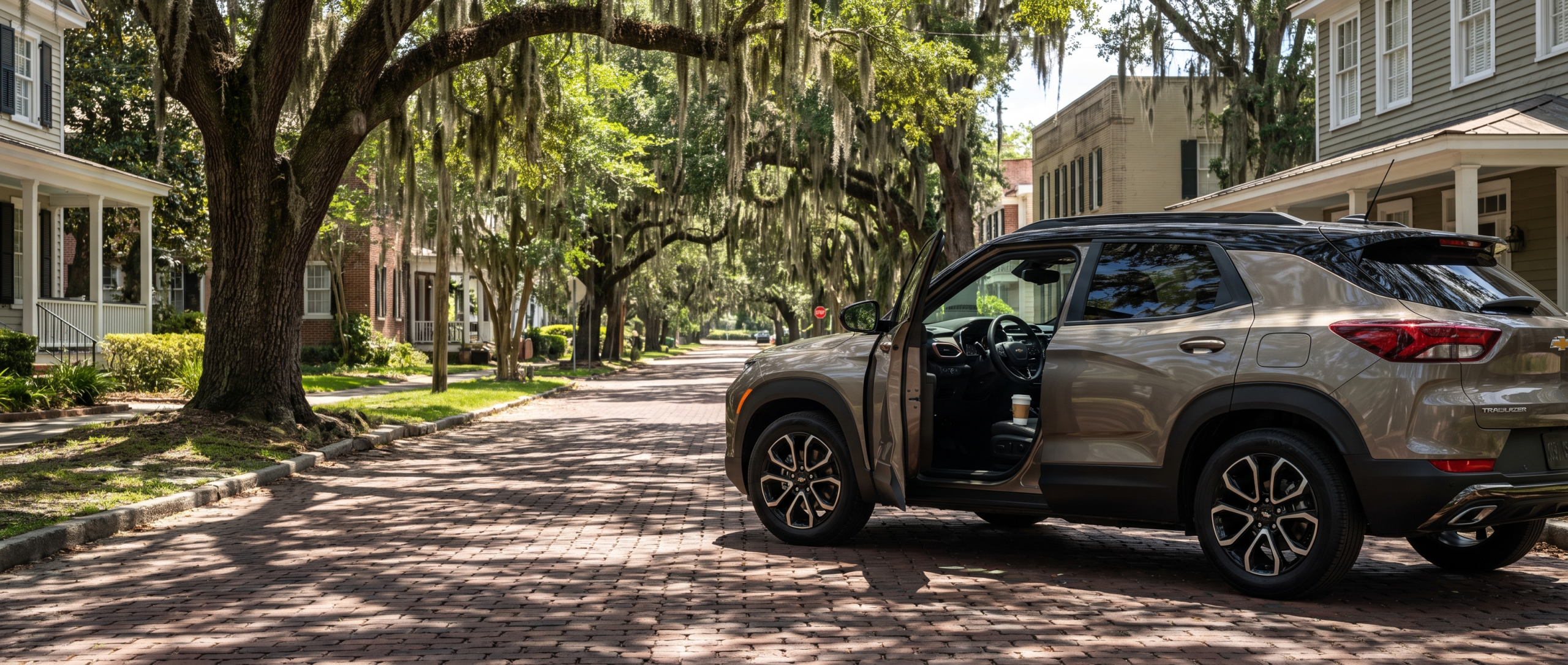 2026 Chevrolet Trailblazer parked under live oaks on a downtown Conway, SC street on a summer morning