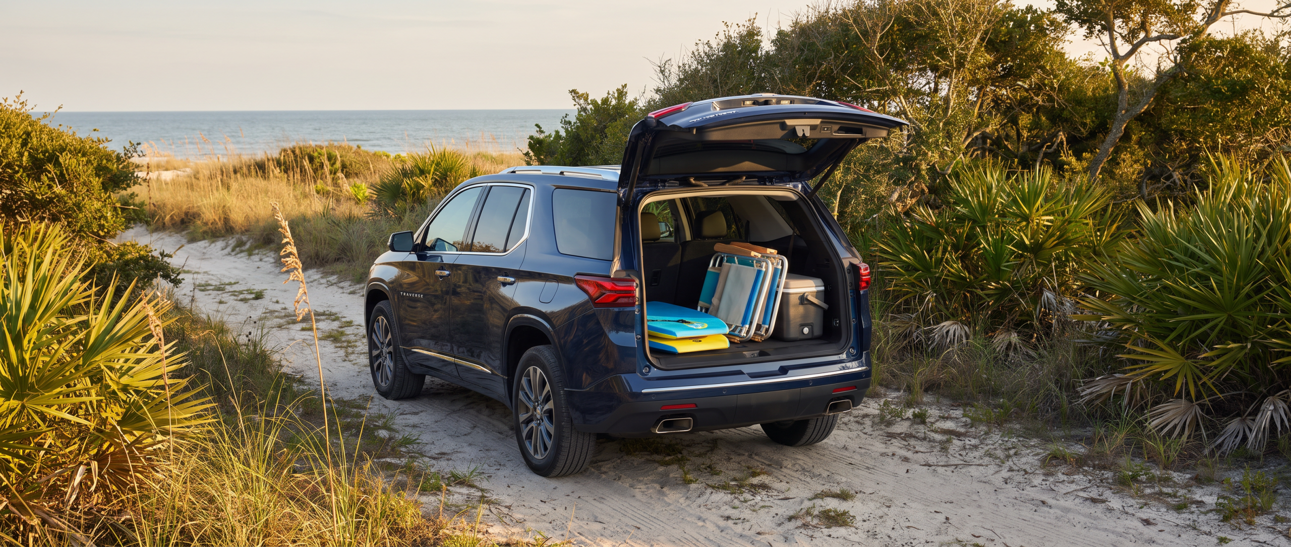 2026 Chevrolet Traverse with rear liftgate open loaded with beach gear near the South Carolina coast