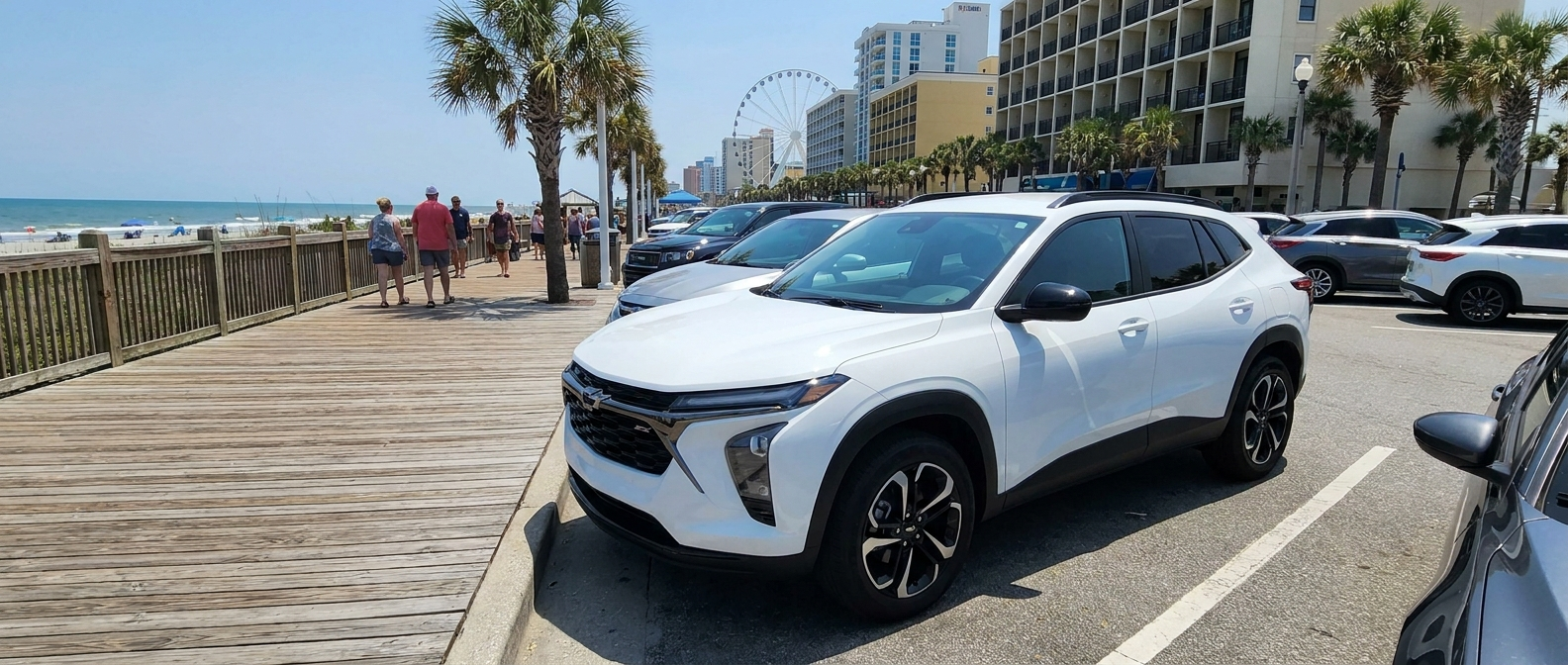 2026 Chevrolet Trax parked near the Myrtle Beach Boardwalk on a sunny summer day