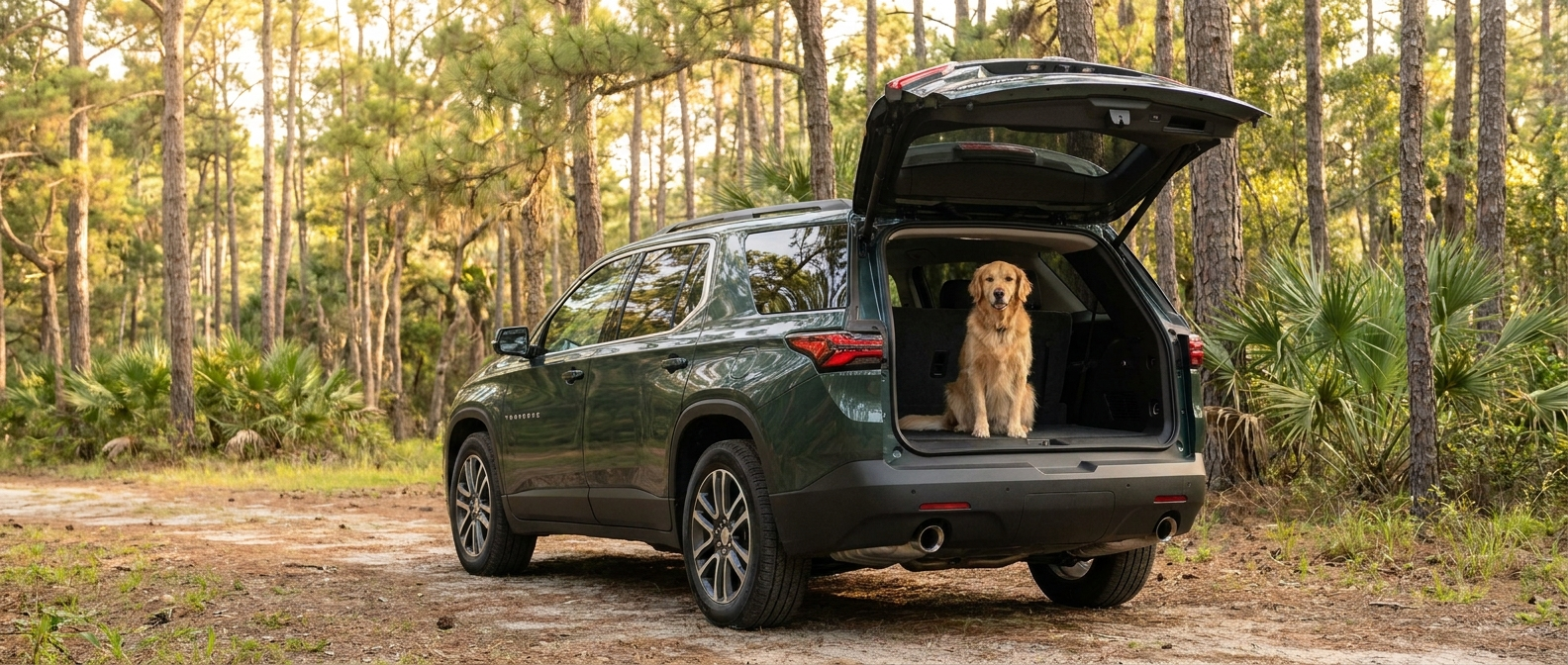 2026 Chevrolet Traverse with rear liftgate open and a dog in the cargo area near Conway, SC