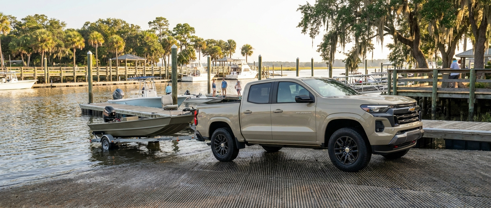 2026 Chevrolet Colorado backing a bass boat trailer down a river boat ramp in coastal South Carolina
