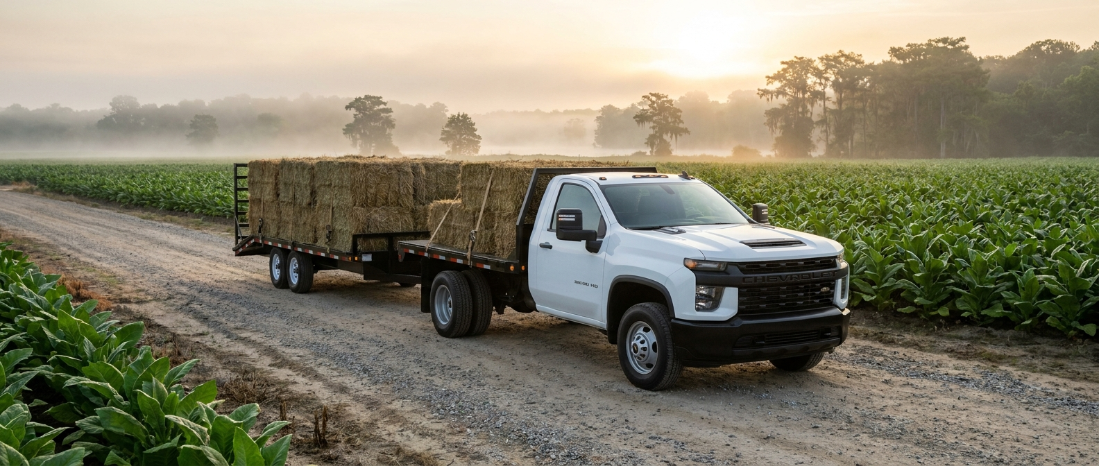 2026 Chevrolet Silverado 3500 HD with flatbed trailer on a farm road near Galivants Ferry, SC