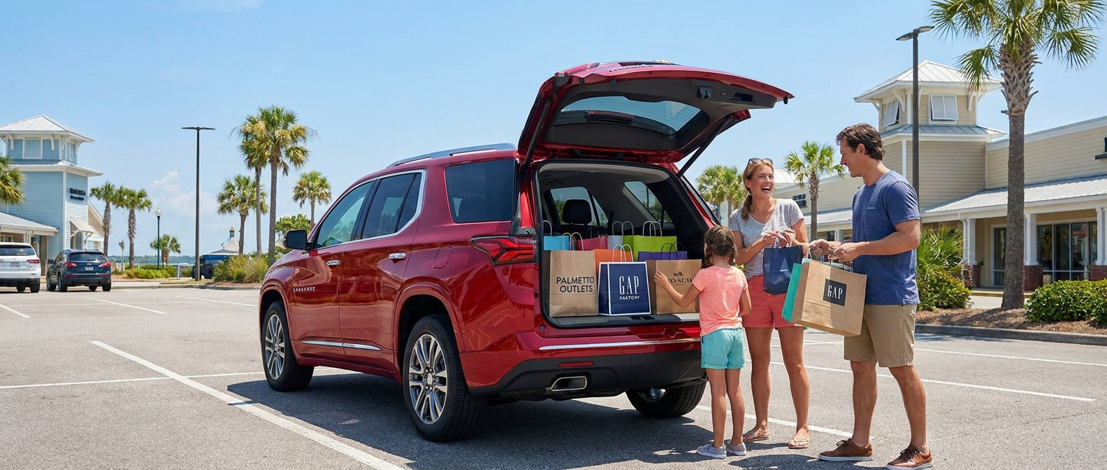 2026 Chevrolet Traverse rear liftgate open at an outdoor outlet mall parking lot in Myrtle Beach, SC