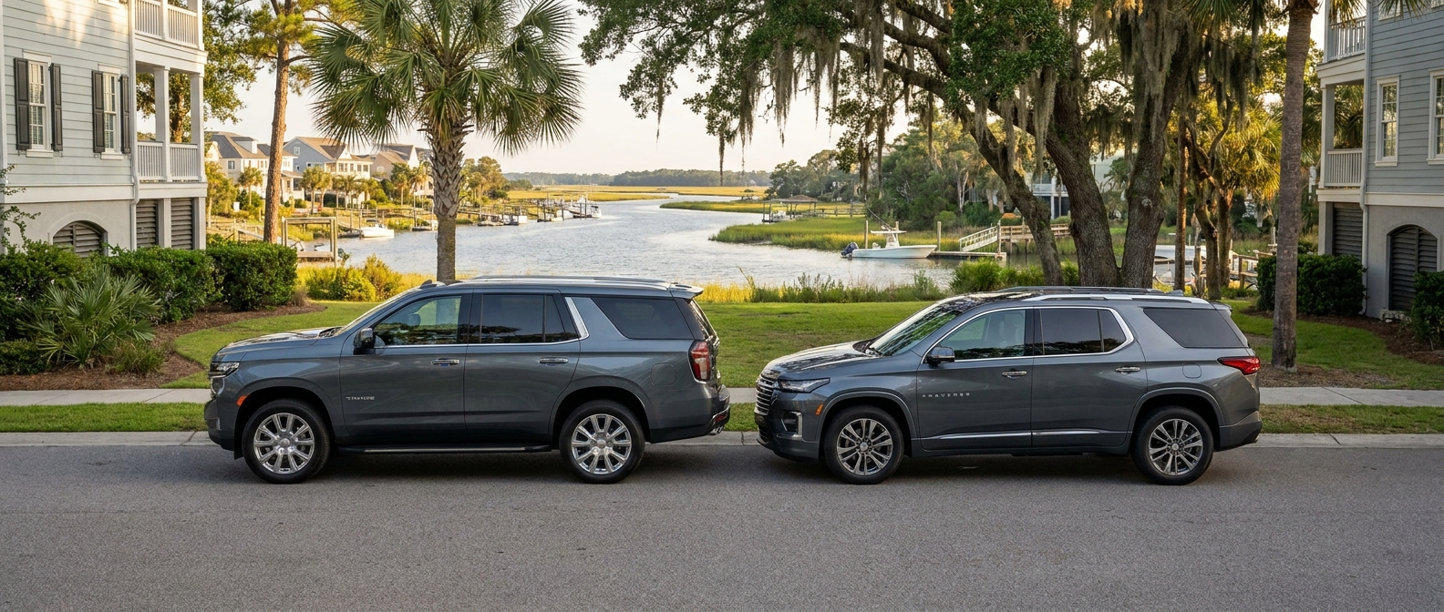 2026 Chevrolet Tahoe and 2026 Chevrolet Traverse parked side by side near the Intracoastal Waterway in Socastee, SC