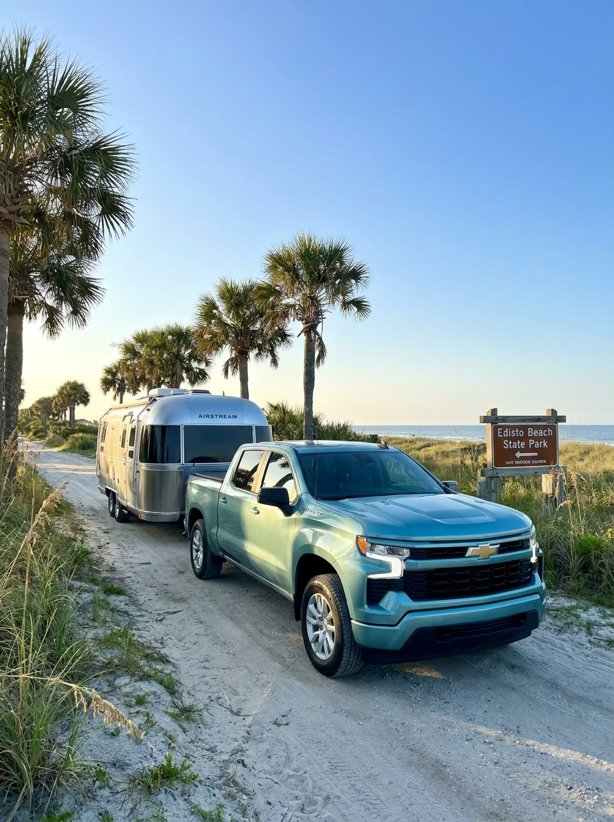 2026 Chevrolet Silverado 1500 towing a travel trailer to Ocean Lakes Family Campground in Myrtle Beach, SC