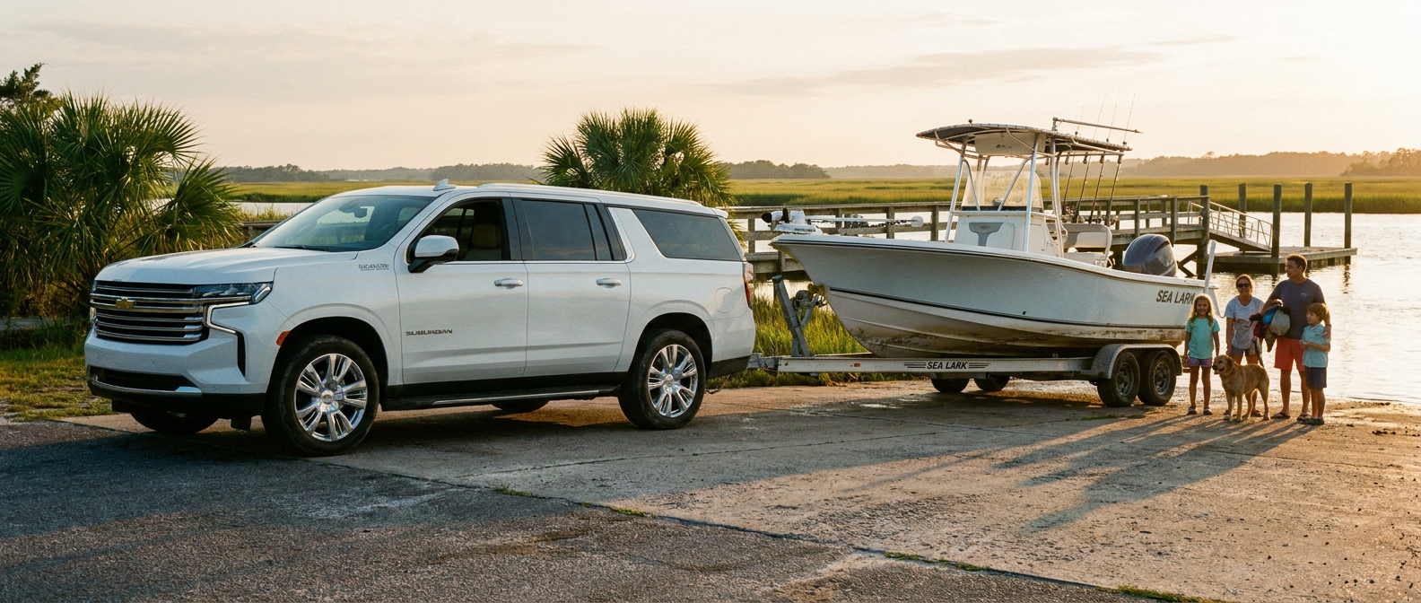 2026 Chevrolet Suburban towing a boat trailer at a Little River SC Intracoastal Waterway boat ramp