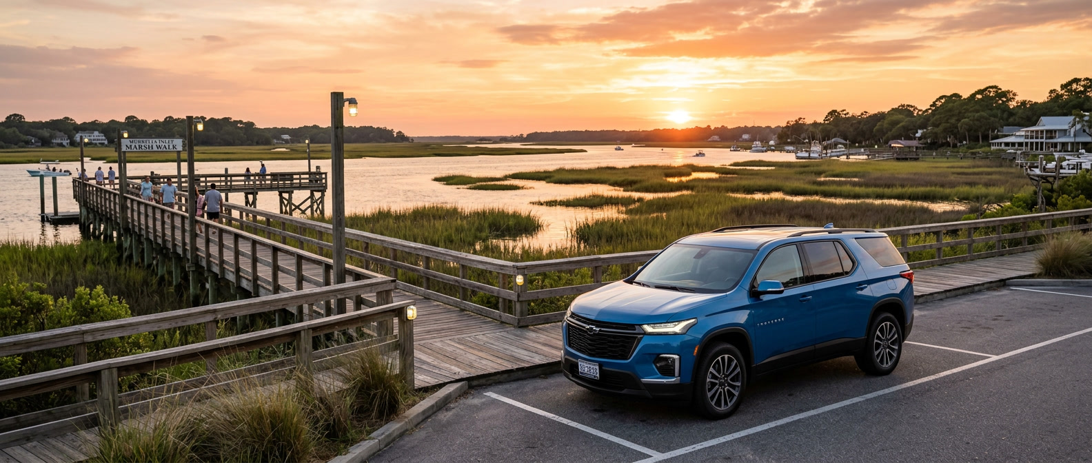 2026 Chevrolet Traverse parked near the Murrells Inlet MarshWalk with a coastal marsh view at sunset