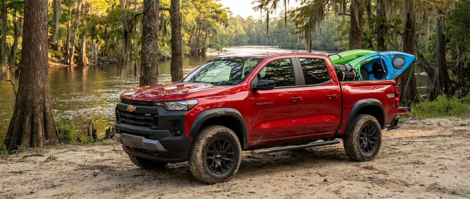 2026 Chevrolet Colorado Trail Boss with kayaks loaded at a Waccamaw River access point near Conway, SC