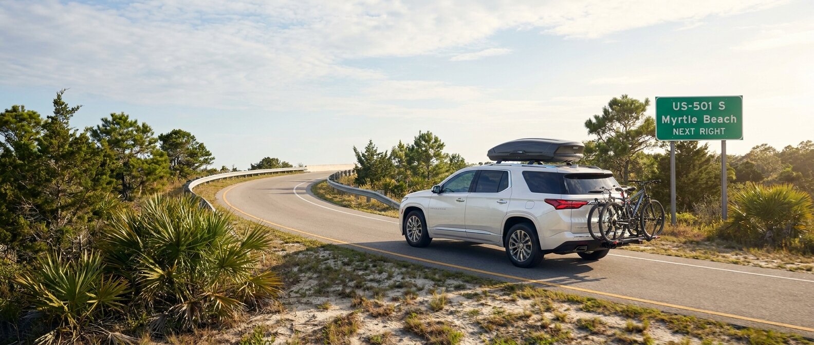2026 Chevrolet Traverse on a coastal South Carolina highway near Conway, ready for a Myrtle Beach run