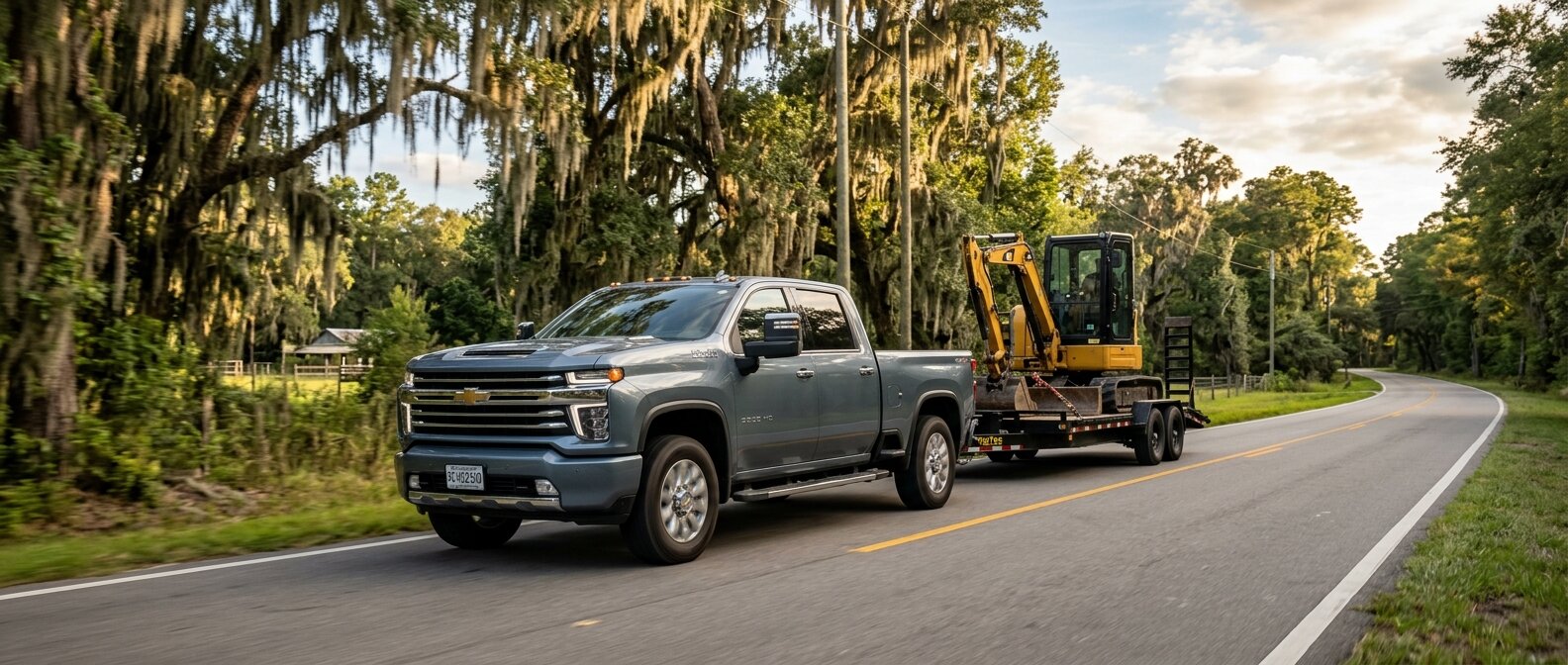 2026 Chevrolet Silverado 2500 HD towing a flatbed trailer on a rural Highway 701 corridor in Horry County, South Carolina