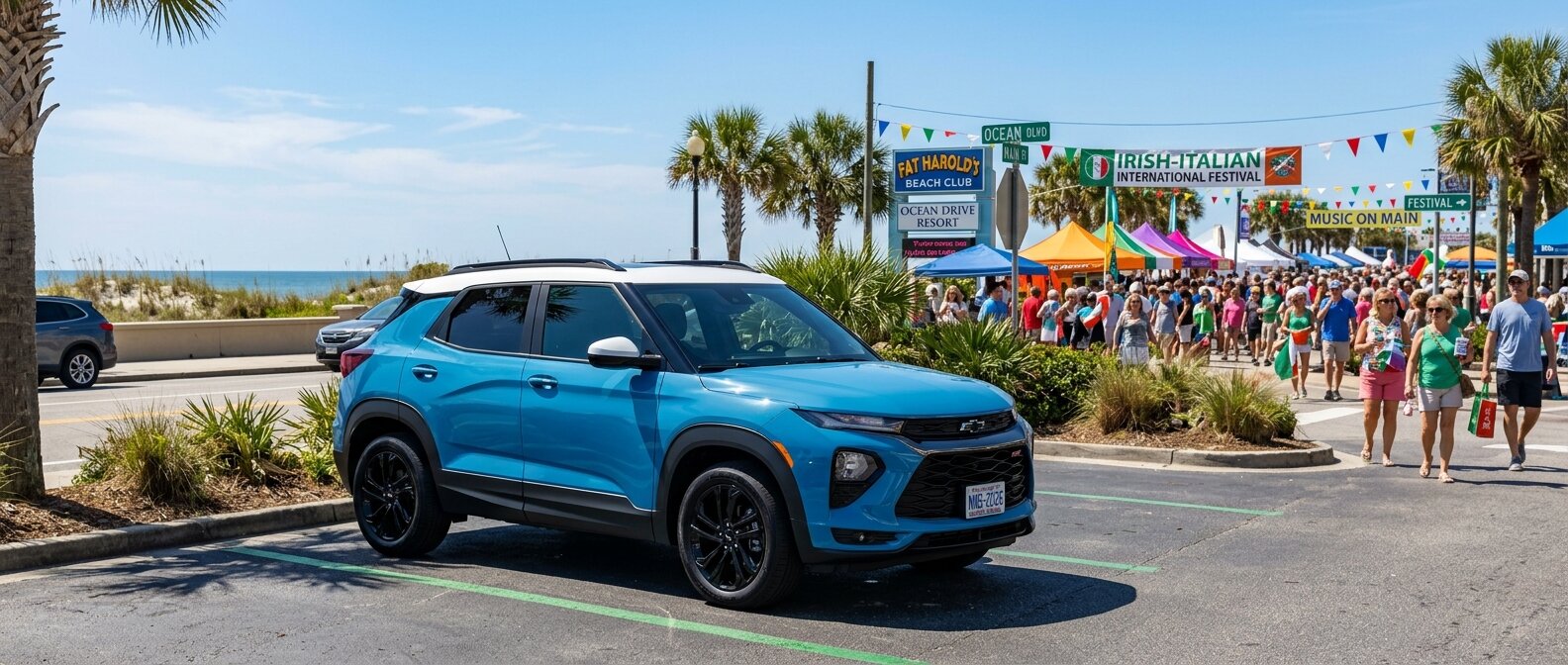 2026 Chevrolet Trailblazer parked near Ocean Boulevard in North Myrtle Beach SC on a festival day