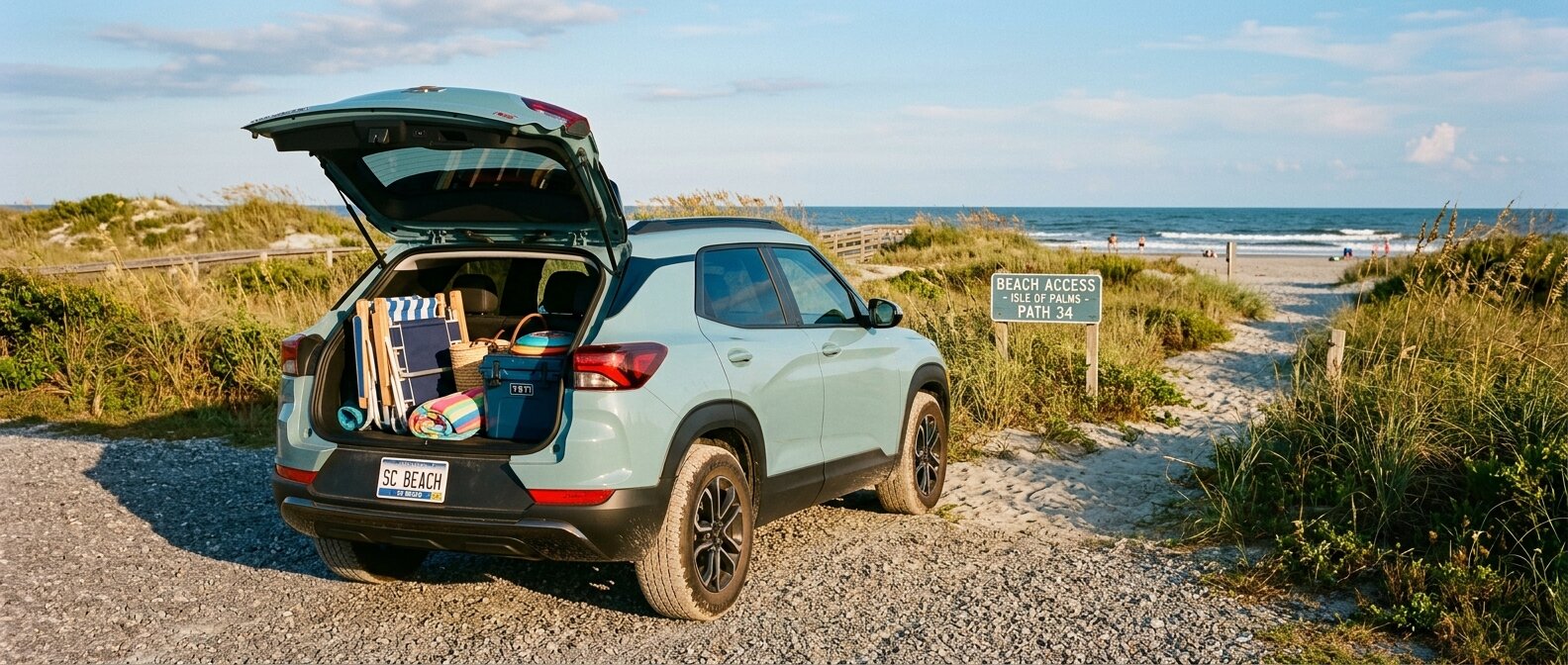 2026 Chevy Trailblazer at a Pawleys Island beach access with liftgate open and beach gear loaded