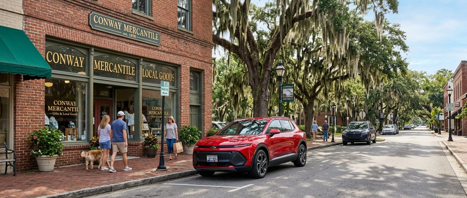 2026 Chevrolet Equinox parked in downtown Conway SC near historic oak-lined brick storefronts on a sunny day