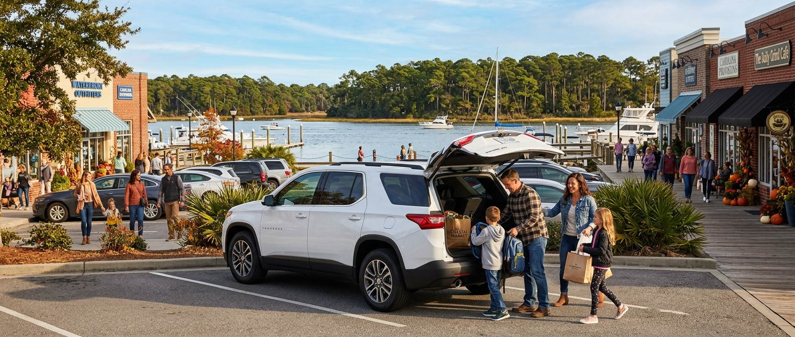 2027 Chevrolet Traverse parked at Barefoot Landing North Myrtle Beach on a fall afternoon with the Intracoastal Waterway in the background