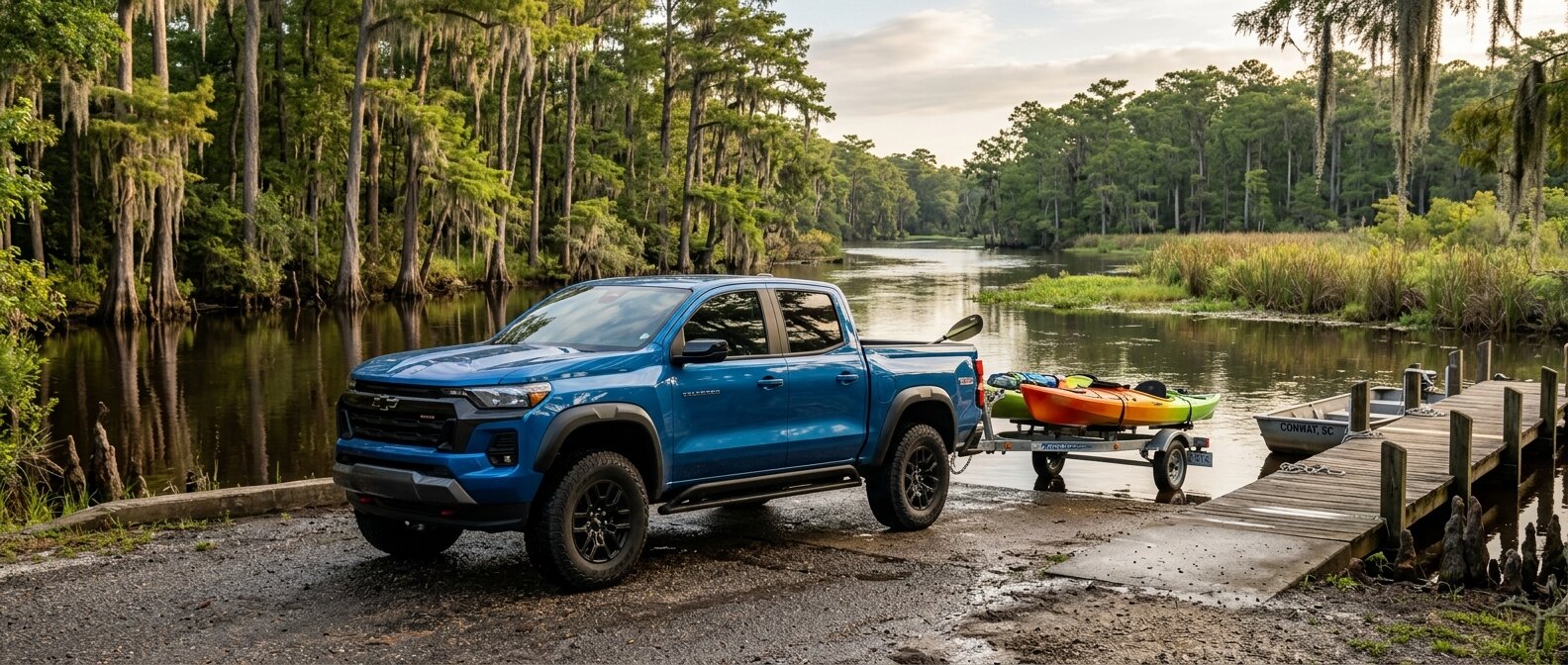 2026 Chevrolet Colorado Trail Boss at a lowcountry boat ramp with kayak trailer near Conway, SC