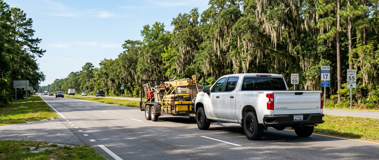 2026 Chevrolet Silverado 1500 towing a utility trailer on SC-544 near Socastee, South Carolina