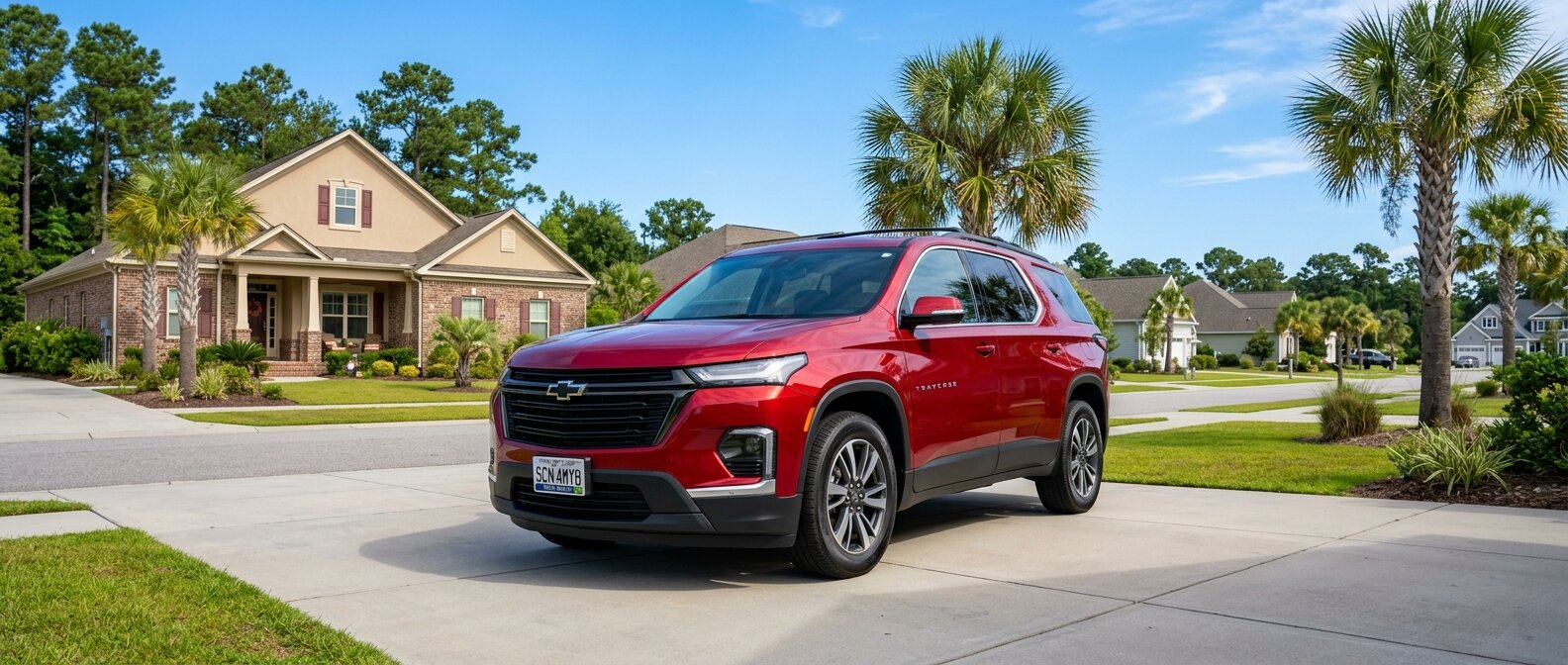2026 Chevrolet Traverse parked in Carolina Forest SC neighborhood ready for family school run and beach trip