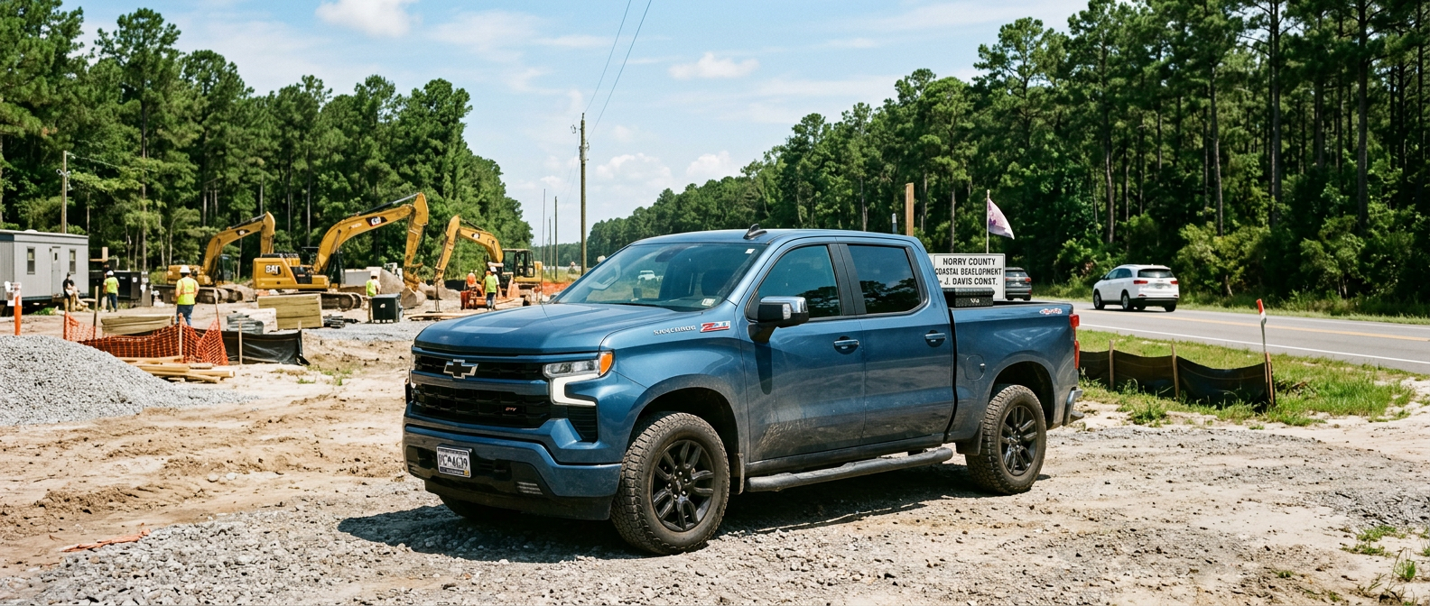 2026 Chevrolet Silverado 1500 Crew Cab at a Horry County construction site near Highway 501 in Conway, SC