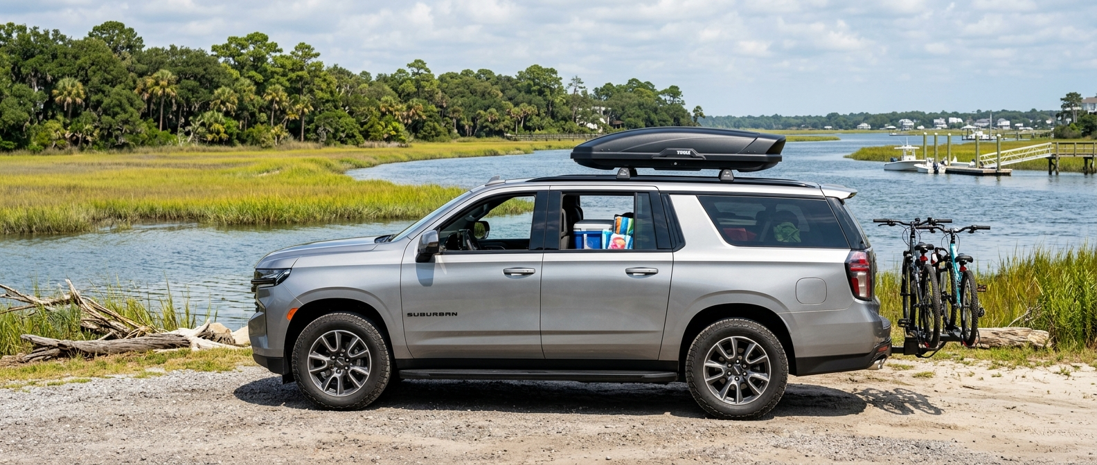 2026 Chevrolet Suburban parked near a South Carolina coastal waterway, ready for a family road trip to Charleston