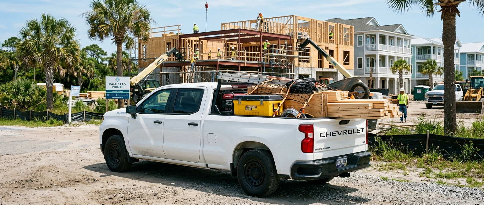 2026 Chevrolet Silverado 1500 Work Truck at a contractor job site near Market Common, Myrtle Beach, SC