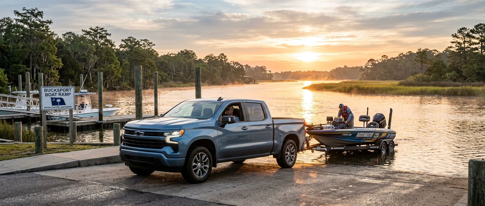 2026 Chevrolet Silverado 1500 on a boat ramp at the Intracoastal Waterway near Bucksport, SC, ready to haul a fishing trailer