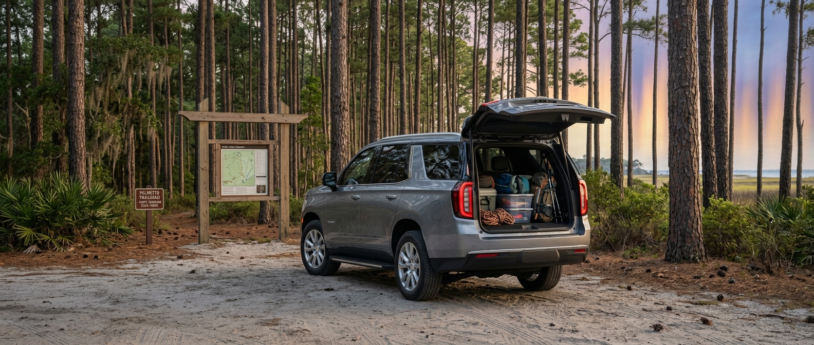 2026 Chevrolet Tahoe at a South Carolina coastal state park trailhead with rear liftgate open and gear stowed inside