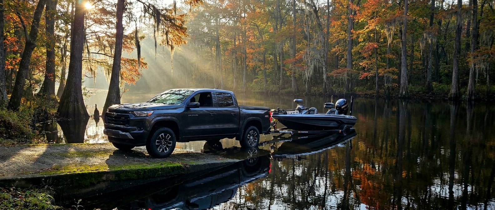 2026 Chevrolet Colorado backing a fishing boat trailer down a Waccamaw River boat ramp near Conway SC on an autumn morning