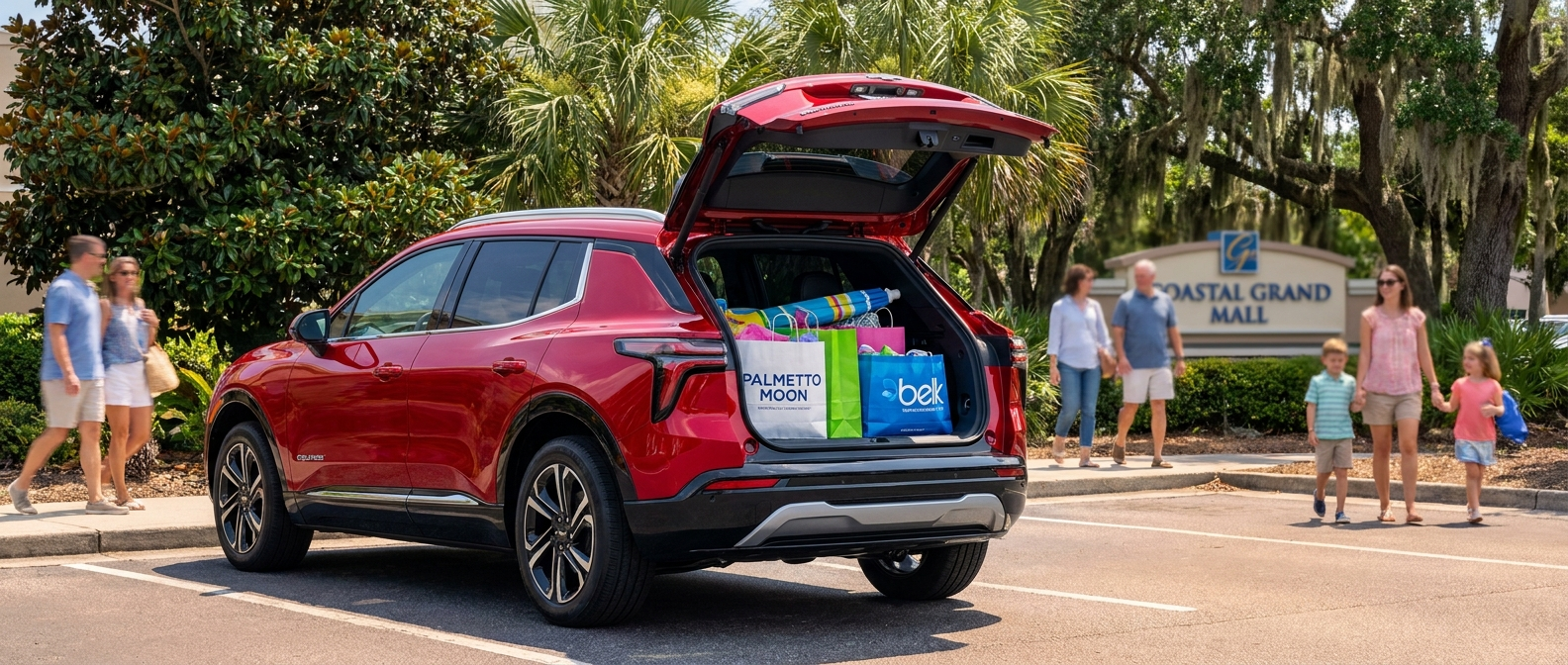 2026 Chevrolet Equinox with cargo hatch open and shopping bags inside in a large sunny mall parking lot