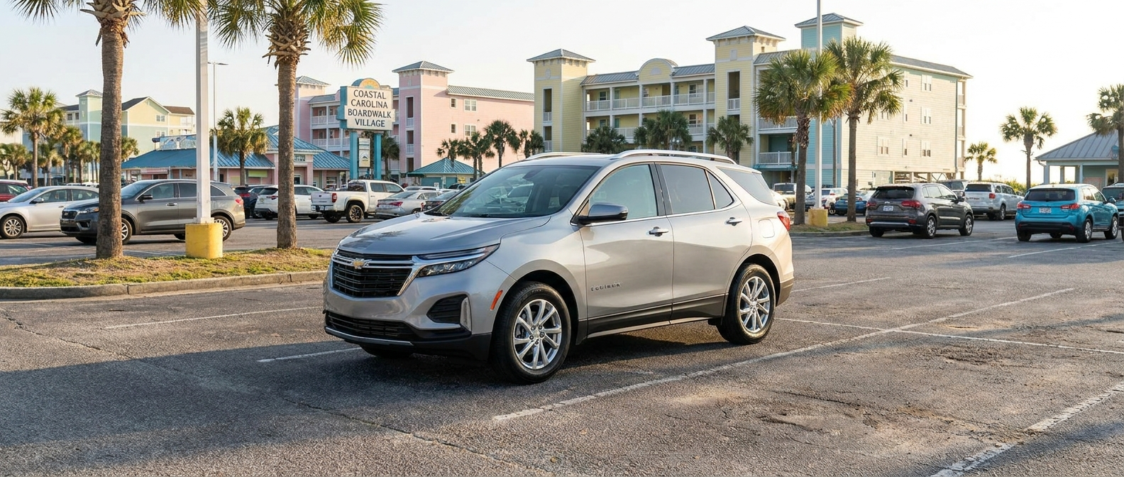 2026 Chevrolet Equinox parked at a coastal South Carolina entertainment complex on a sunny afternoon