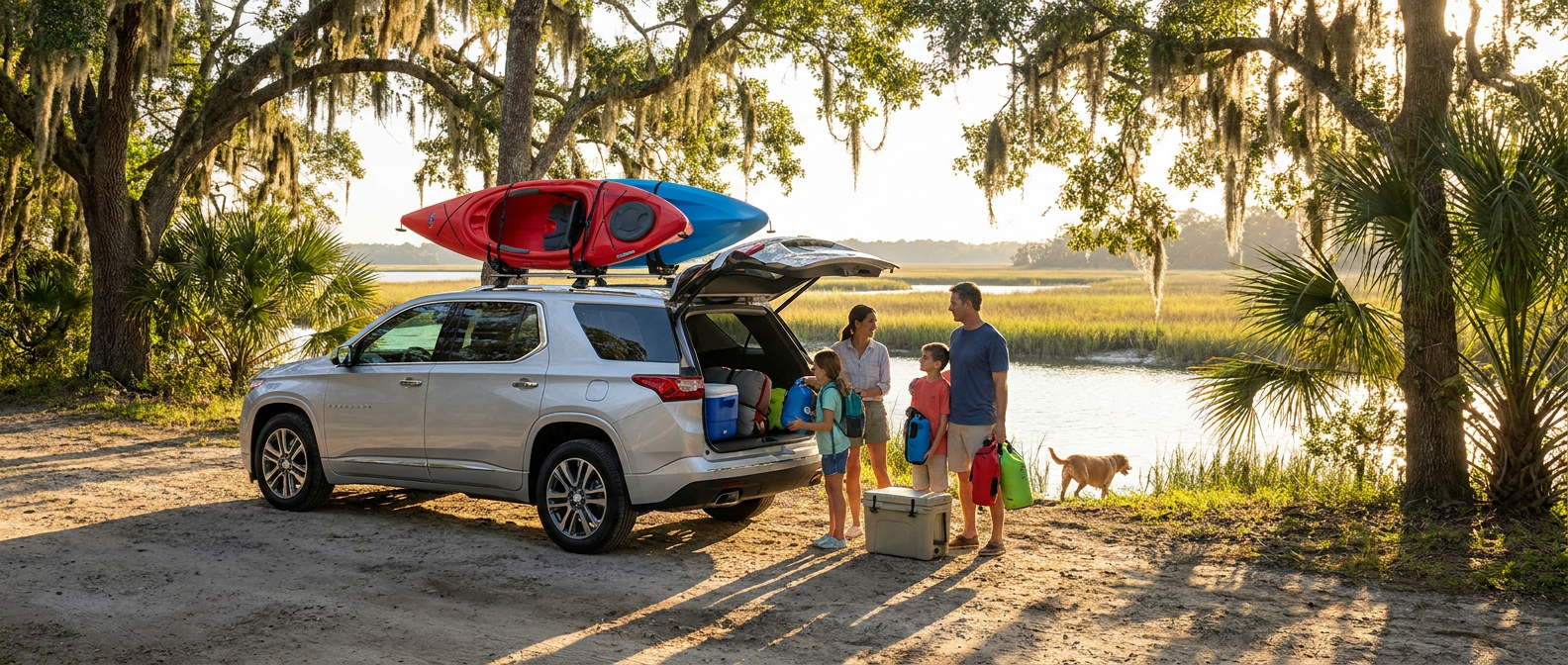 2026 Chevrolet Traverse parked near the Intracoastal Waterway in Socastee SC with family gear