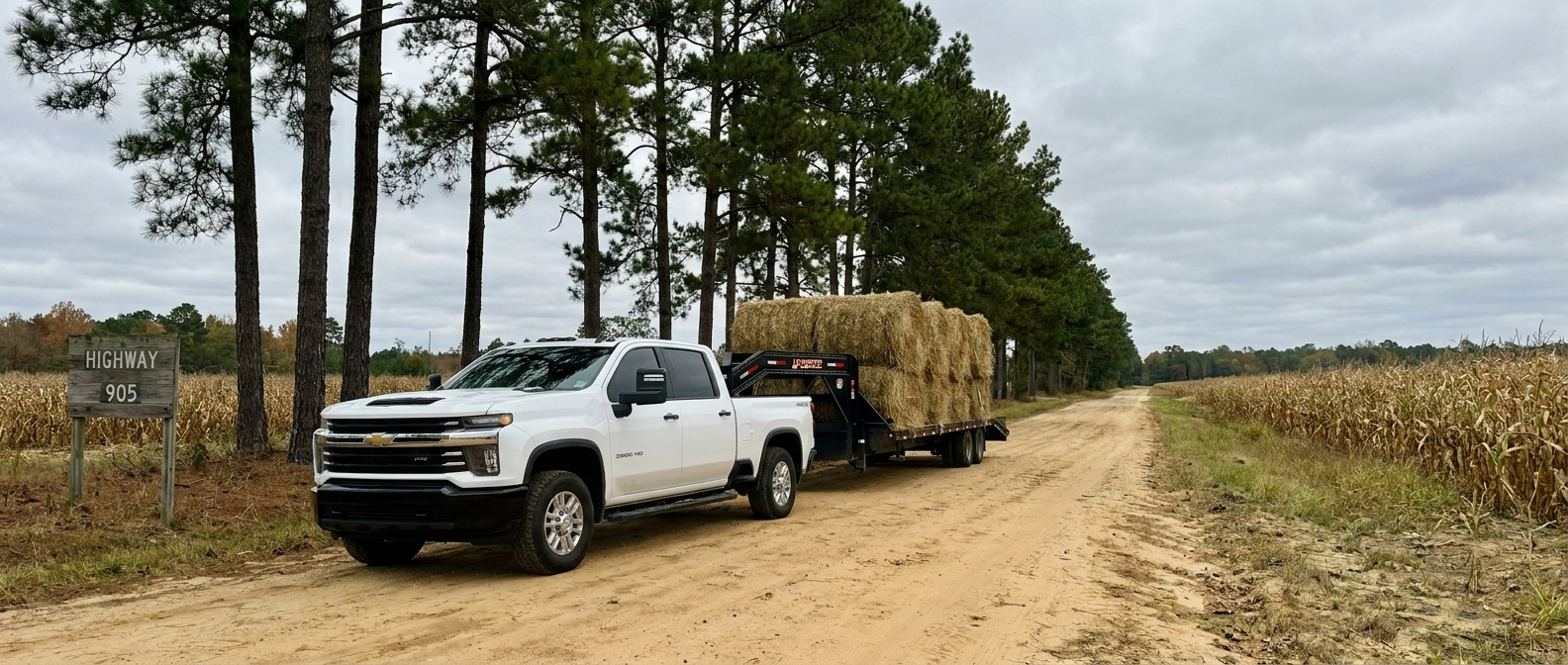 2026 Chevrolet Silverado HD towing a flatbed trailer on a Horry County SC rural road near Aynor